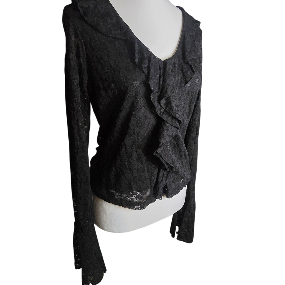 Eye Candy Y2K Sheer Sexy Black Goth Lace Ruffle V Neck Top With Bell Sleeves Med